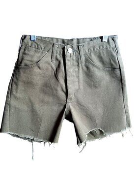 27" Vintage Cutoff Shorts Maverick Olive Green Denim Frayed Hem 1970's Hippy USA